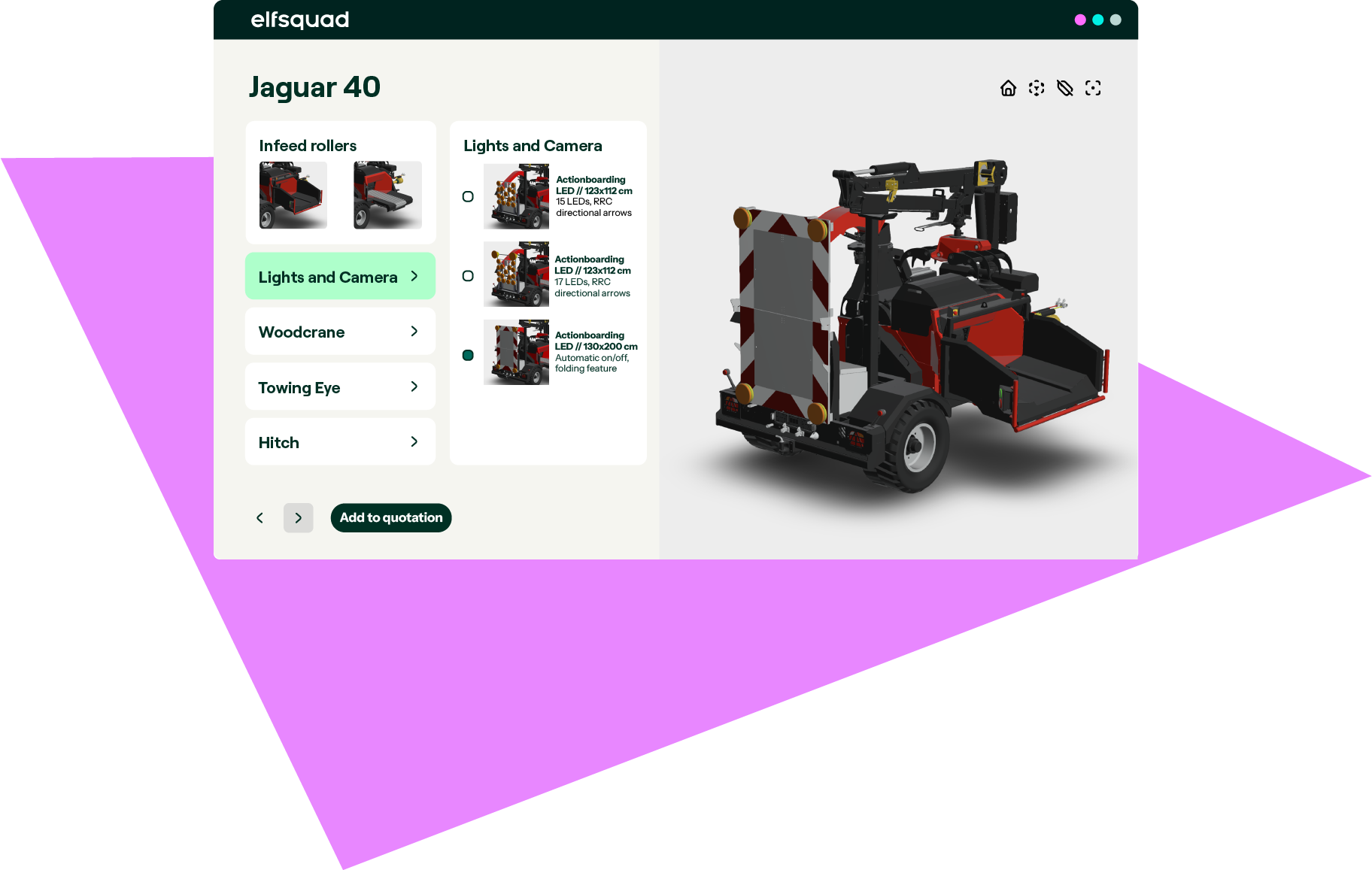 Конфигуратор Elfsquad для Jaguar 40 с шагами выбора опций, 3D-просмотрщиком и кнопкой Add to quotation