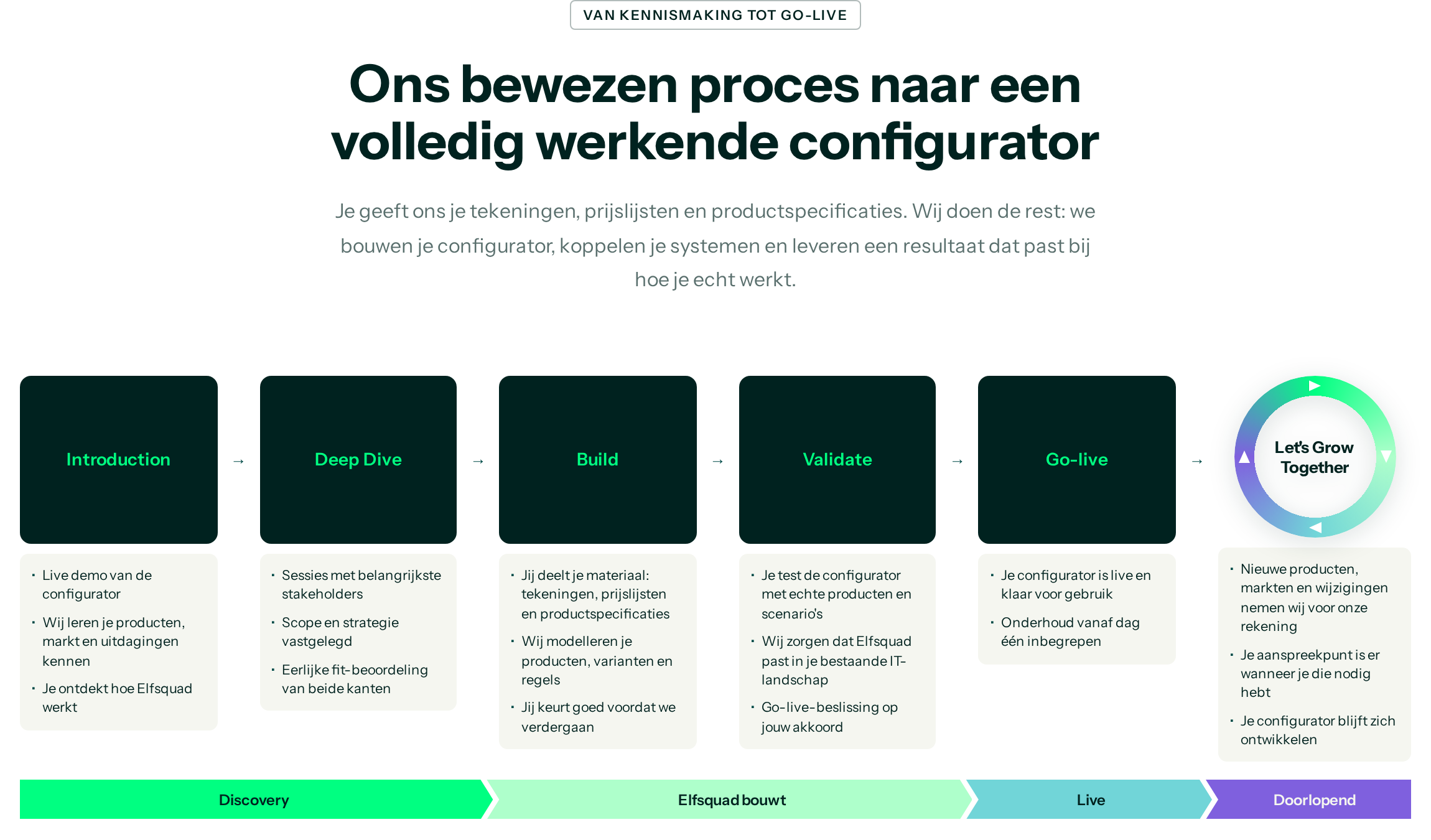 Bewezen proces van Elfsquad: Introduction, Deep Dive, Build, Validate, Go-live en Let's Grow Together